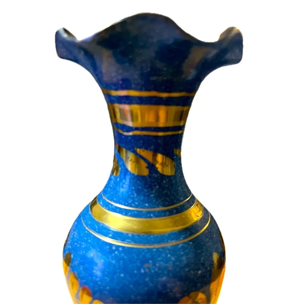 Vintage Blue Enameled Brass Bud Vase w/ etched florals and ruffled opening
